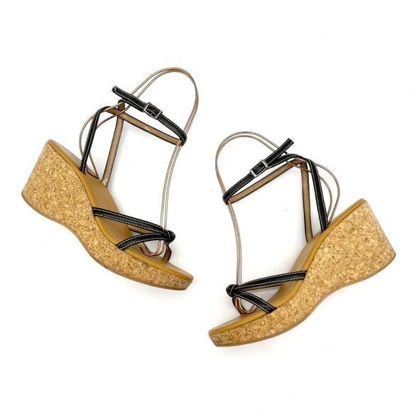 J. Crew Donna Wedge Sandals Size 8 Black Leather Cork Ankle Strap Vintage Y2K - Picture 4 of 14